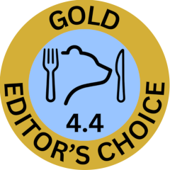 eateryfinds.com Gold Medal "Editor's Choice" with a rating of $4{,}4$. Golden border, ice-blue background, and logo with a bear silhouette, knife, and fork.