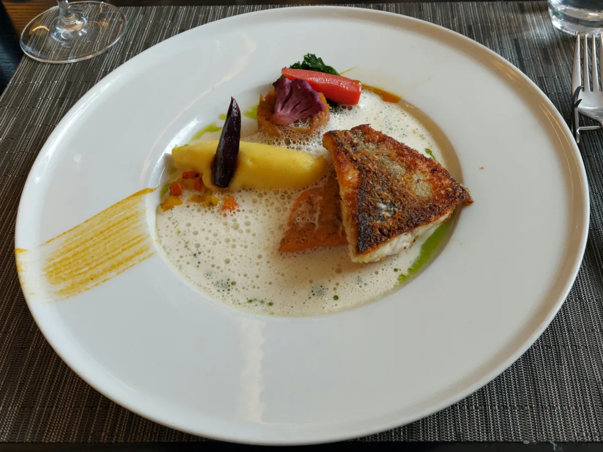 Gedämpfter Saibling und gebratener Loup de Mer mit knuspriger Haut, dazu Kartoffelpüree, Sauerkraut, rote Möhren, Grünkohl und luftiger Champagnerschaum auf weissem Teller.