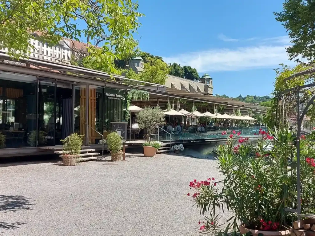 Aussenansicht des Restaurants Schwellenmätteli in Bern: Flussterrasse mit Sonnenschirmen, im Hintergrund die historische Berner Altstadt unter blauem Himmel, Blumenkübel im Vordergrund.